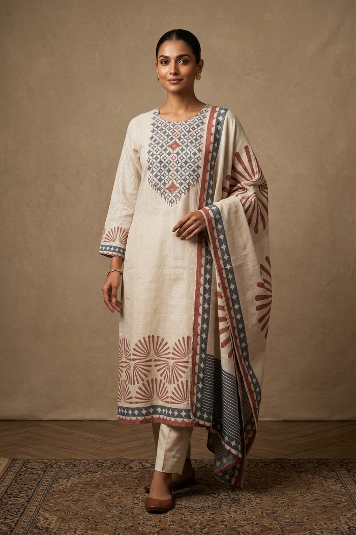 Off-White Linen Printed Kurta Set