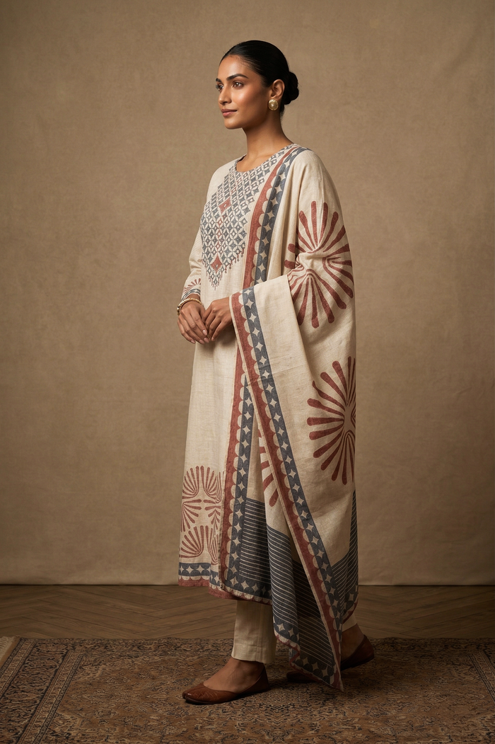 Off-White Linen Printed Kurta Set