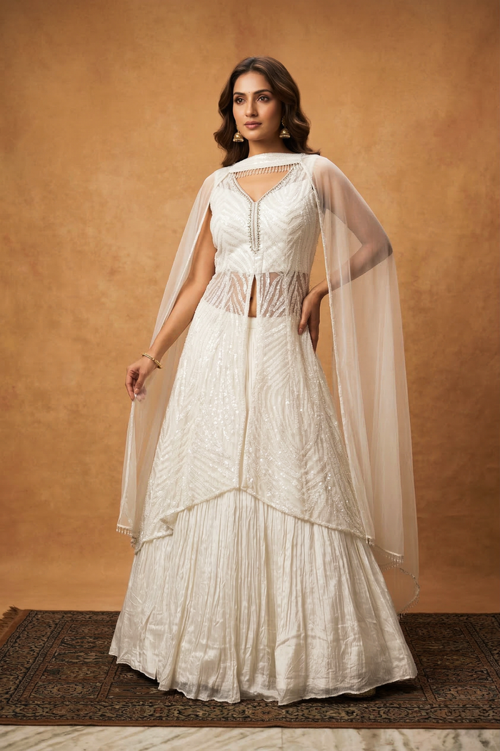 Off-White Net Embroidered Anarkali Set