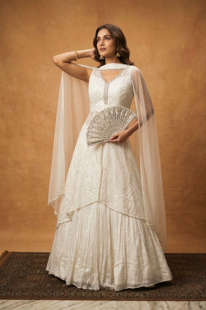 Off-White Net Embroidered Anarkali Set