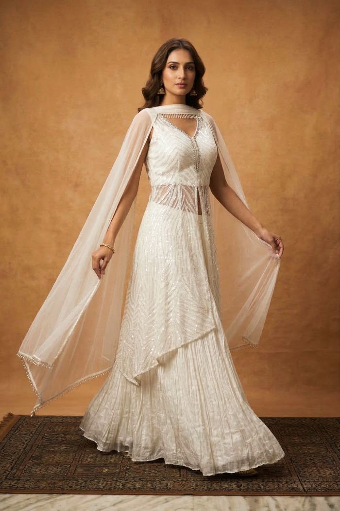 Off-White Net Embroidered Anarkali Set