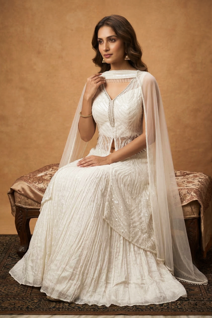 Off-White Net Embroidered Anarkali Set