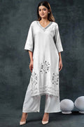 Off-White Rayon Kurta Set With Leaf Embroidery
