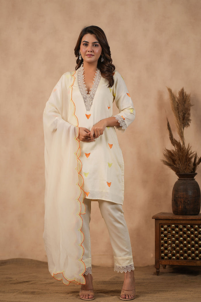 <img> Off White Russian Silk Embroidered Kurti Set