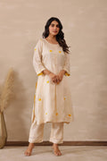 <img> Off White Russian Silk Embroidered Kurti Set