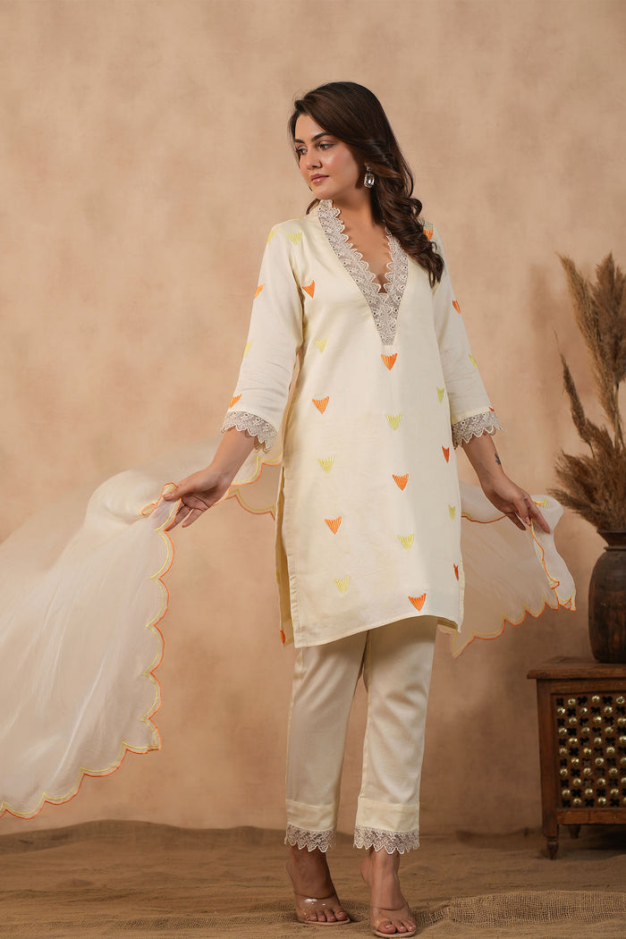 <img> Off White Russian Silk Embroidered Kurti Set