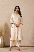 <img> Off White Russian Silk Embroidered Kurti Set