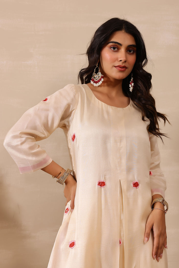 <img> Off White Russian Silk Embroidered Kurti Set