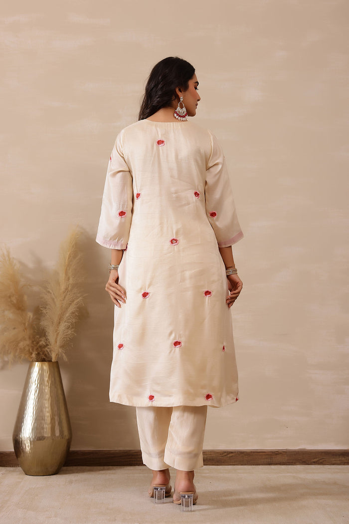 <img> Off White Russian Silk Embroidered Kurti Set