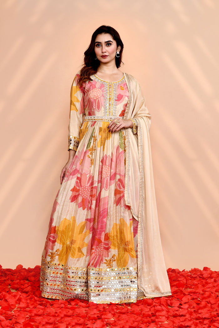 Off-White Satin Crepe Floral Printed Anarkali Set