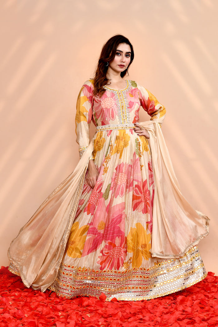 Off-White Satin Crepe Floral Printed Anarkali Set