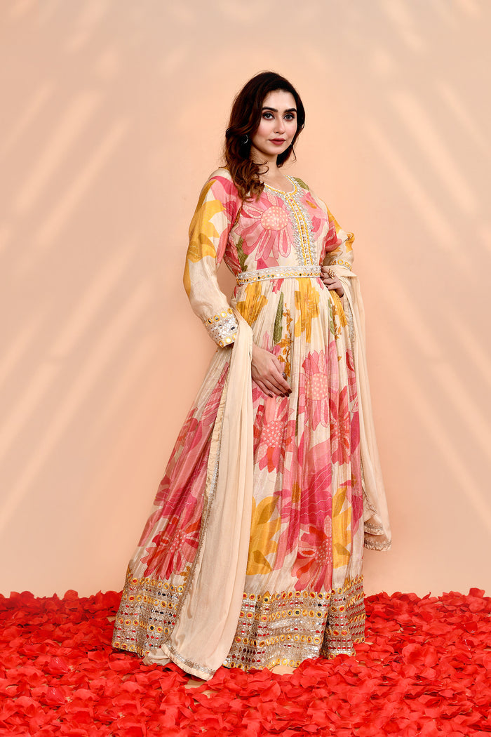 Off-White Satin Crepe Floral Printed Anarkali Set