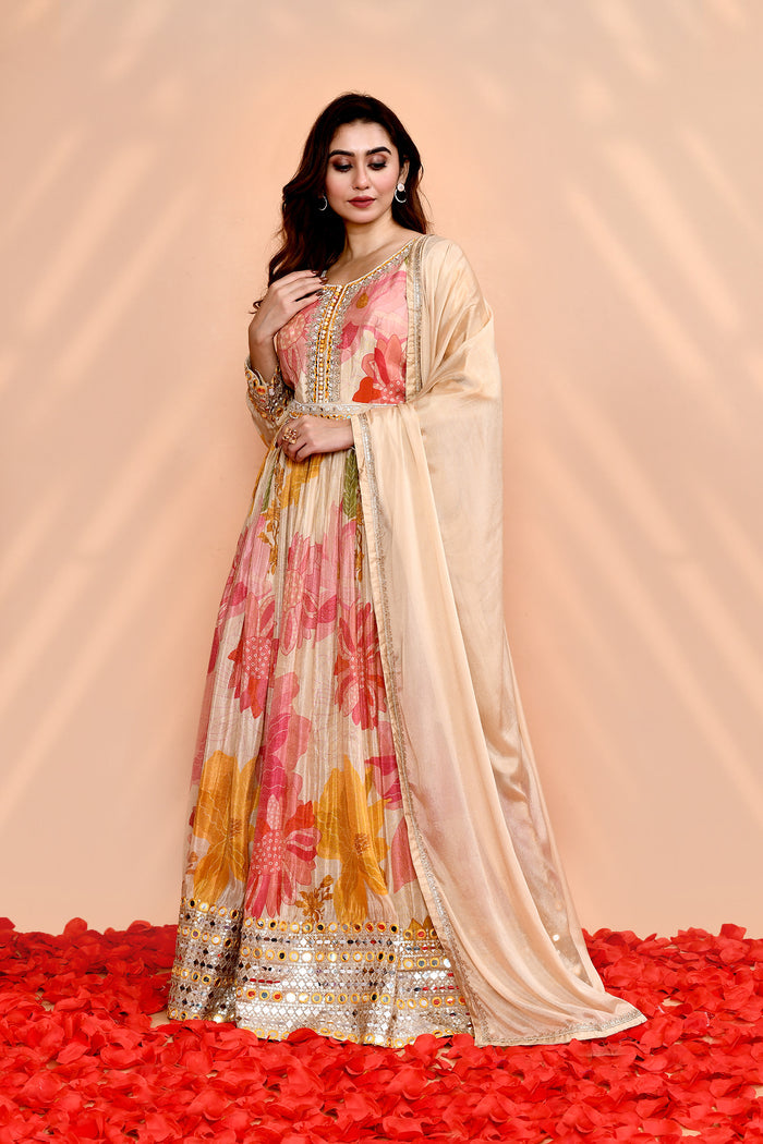 Off-White Satin Crepe Floral Printed Anarkali Set