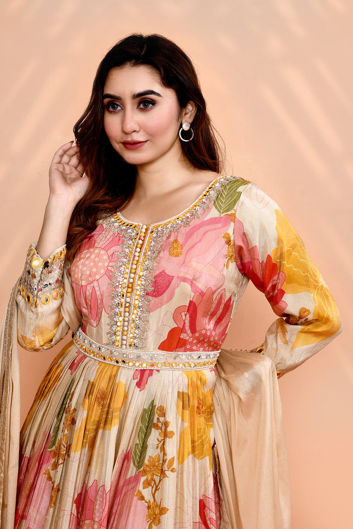 Off-White Satin Crepe Floral Printed Anarkali Set