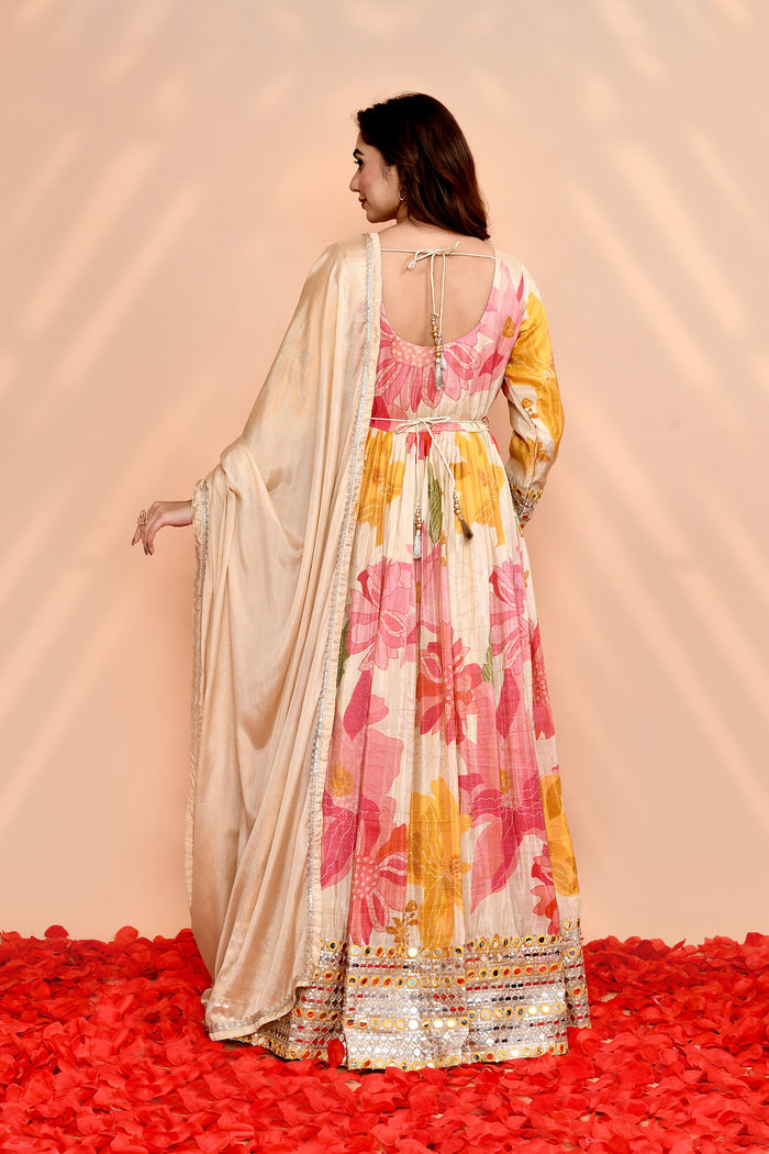 Off-White Satin Crepe Floral Printed Anarkali Set