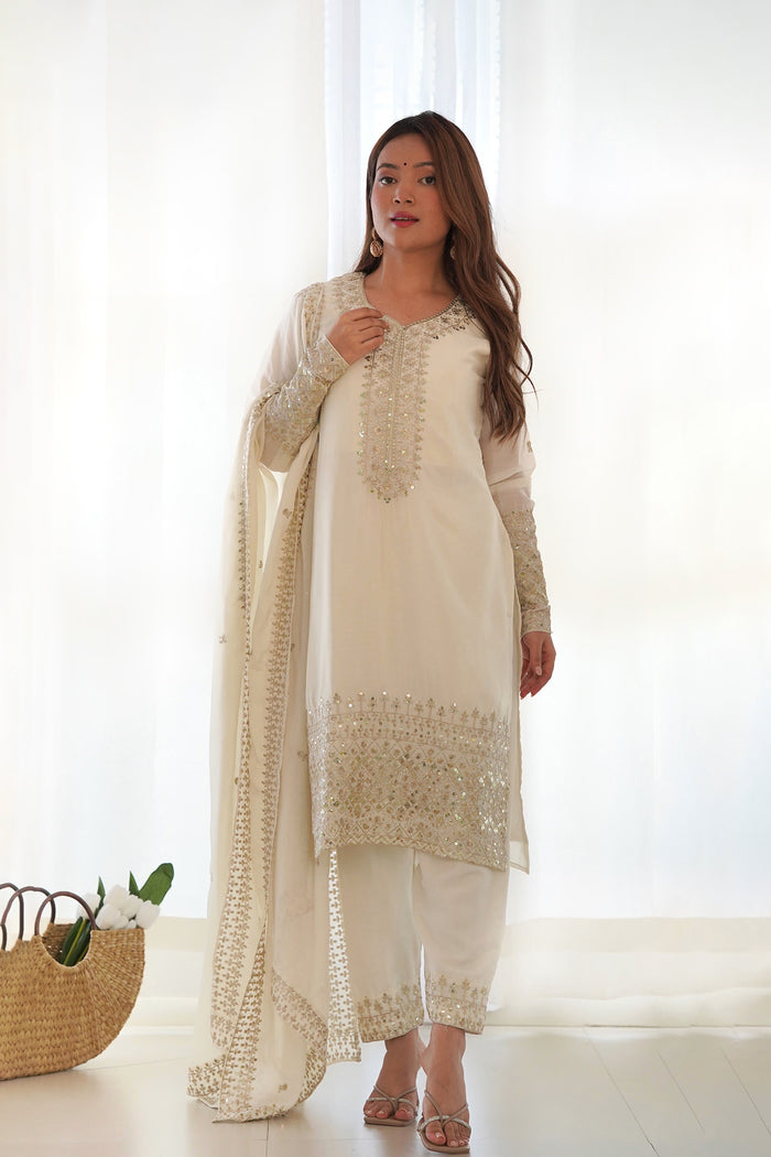 Off White Silk Embroidered Kurta Set