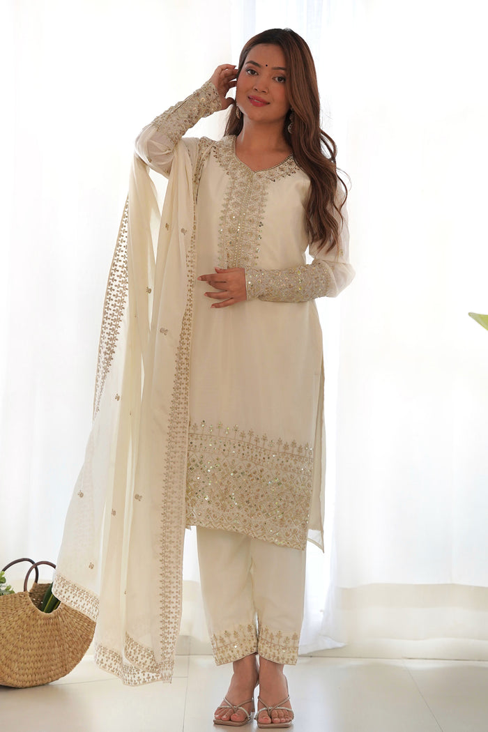 Off White Silk Embroidered Kurta Set