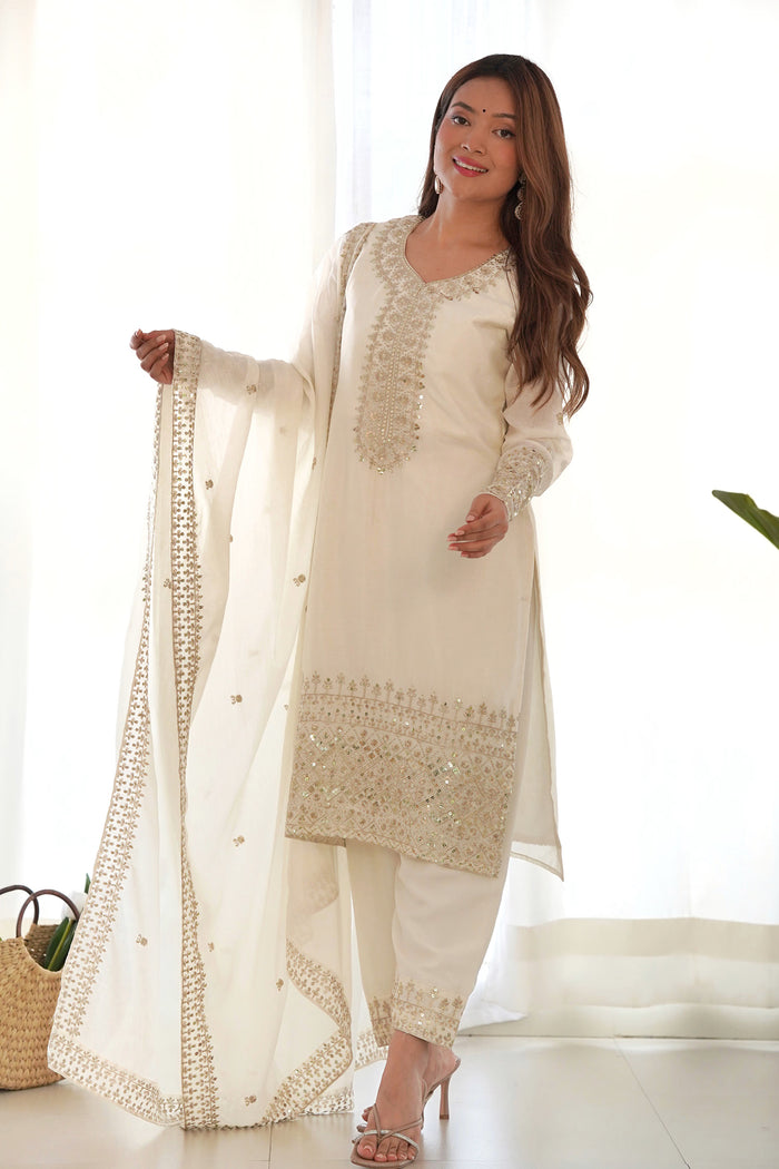 Off White Silk Embroidered Kurta Set