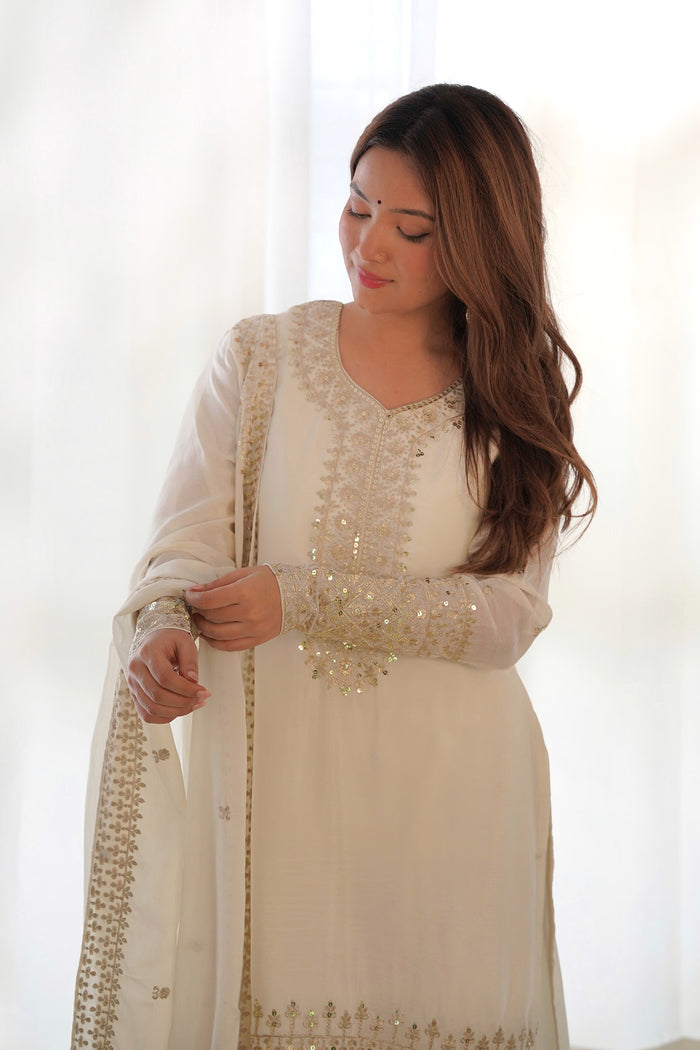 Off White Silk Embroidered Kurta Set