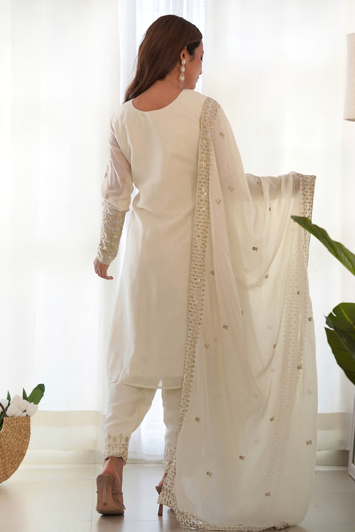 Off White Silk Embroidered Kurta Set