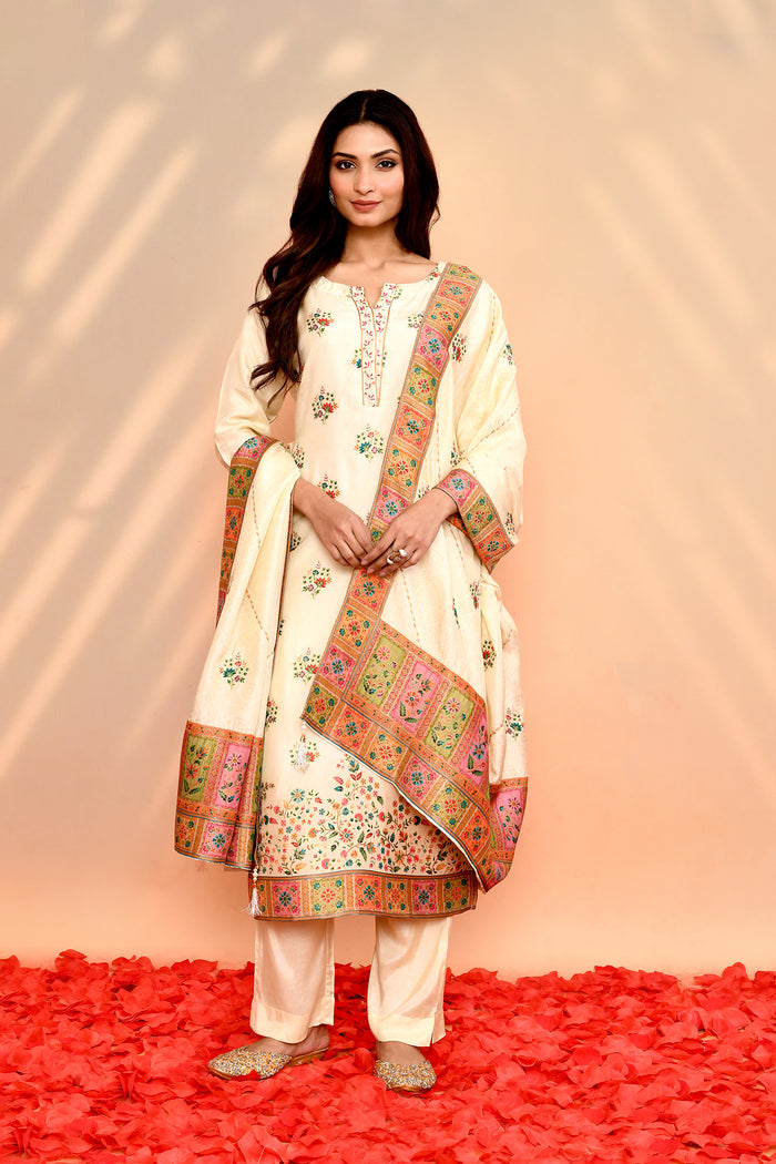 Off-White Tissue Silk Floral Kurta Set