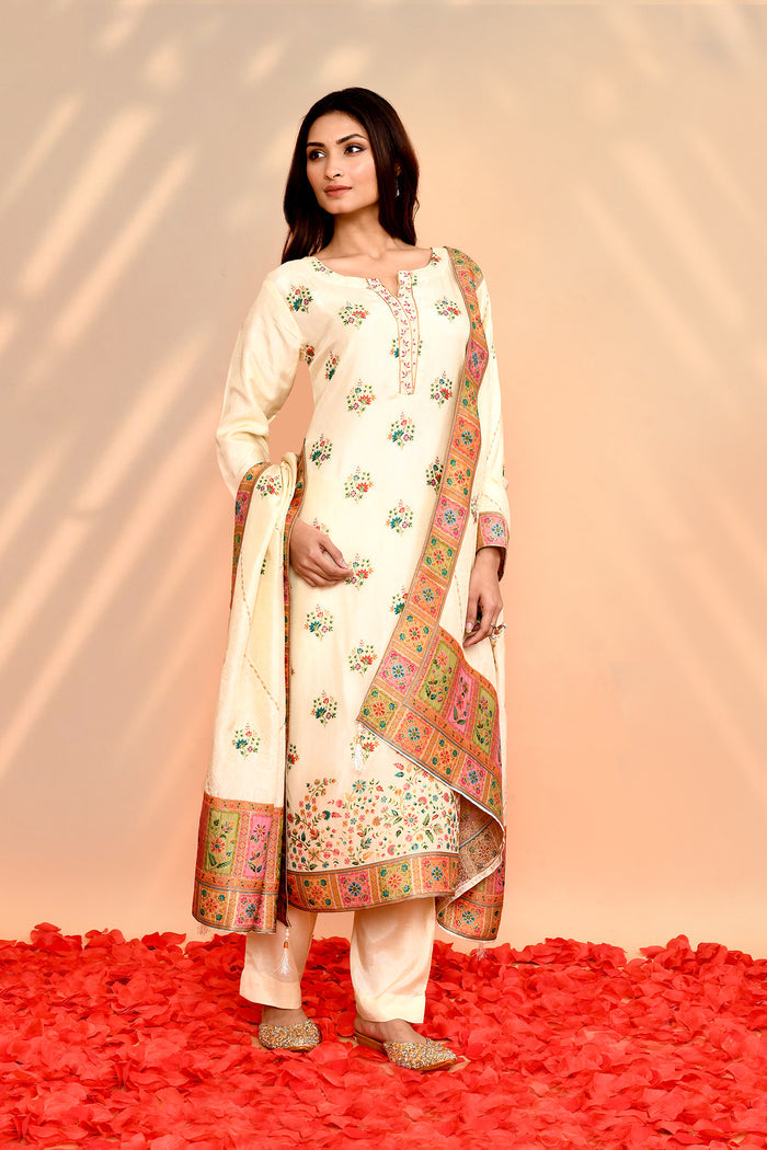 Off-White Tissue Silk Floral Kurta Set