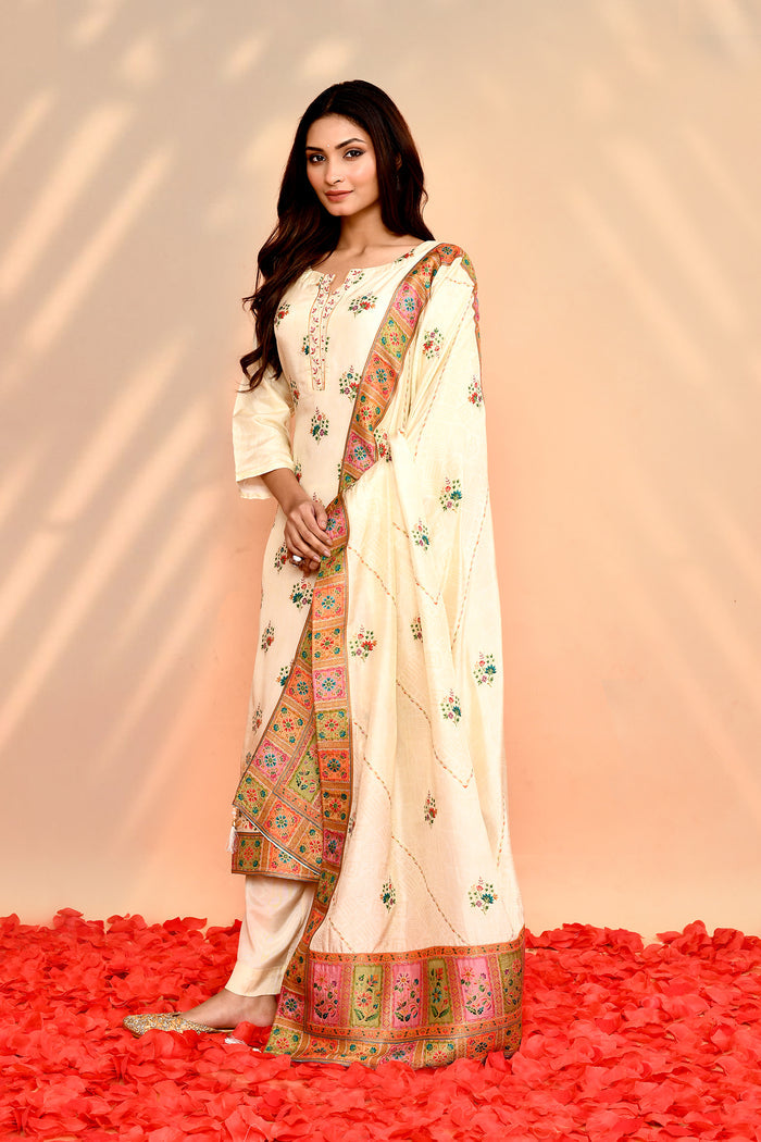 Off-White Tissue Silk Floral Kurta Set