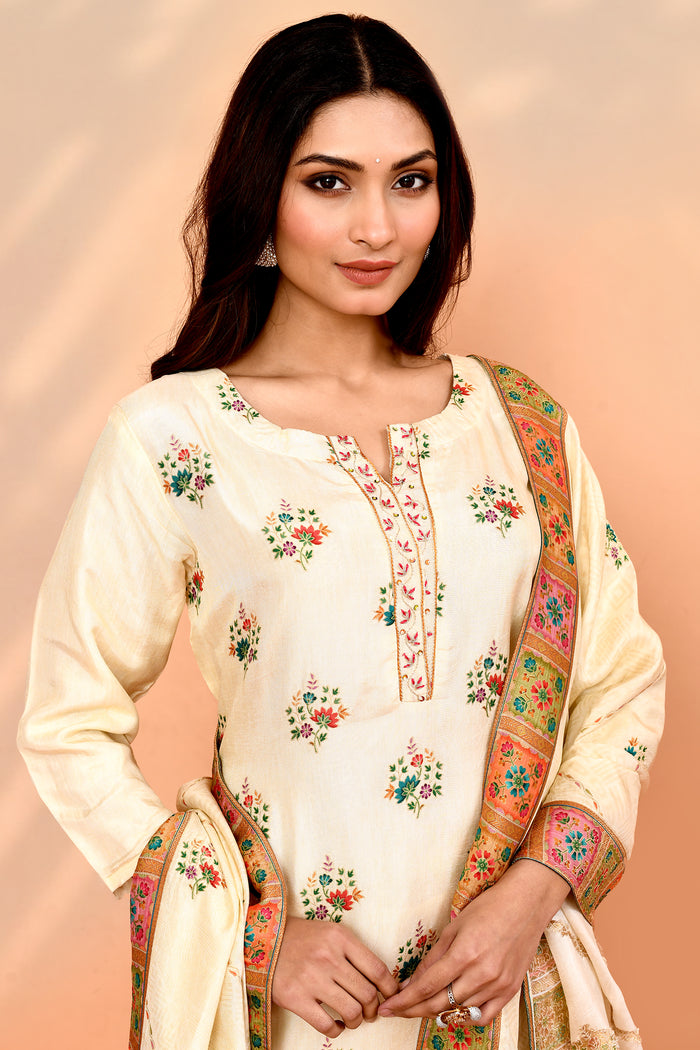 Off-White Tissue Silk Floral Kurta Set