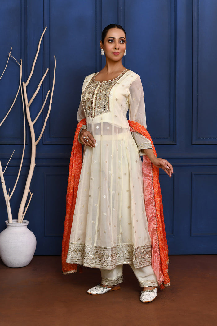 Off-White Zari Buttis Tissue Georgette Anarkali Set