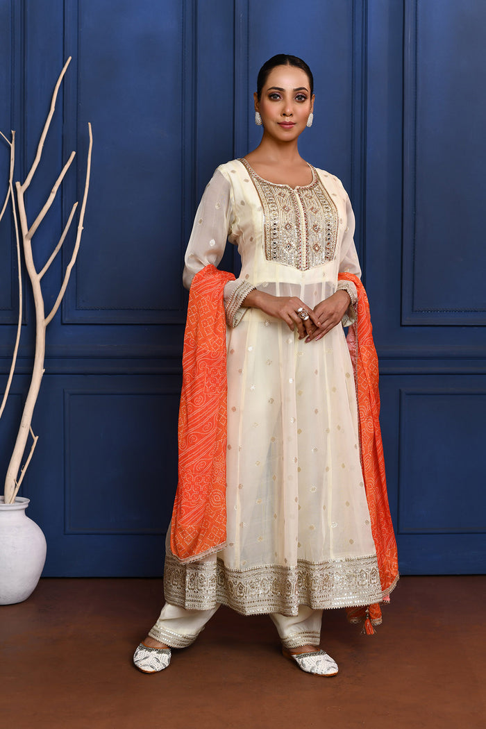 Off-White Zari Buttis Tissue Georgette Anarkali Set