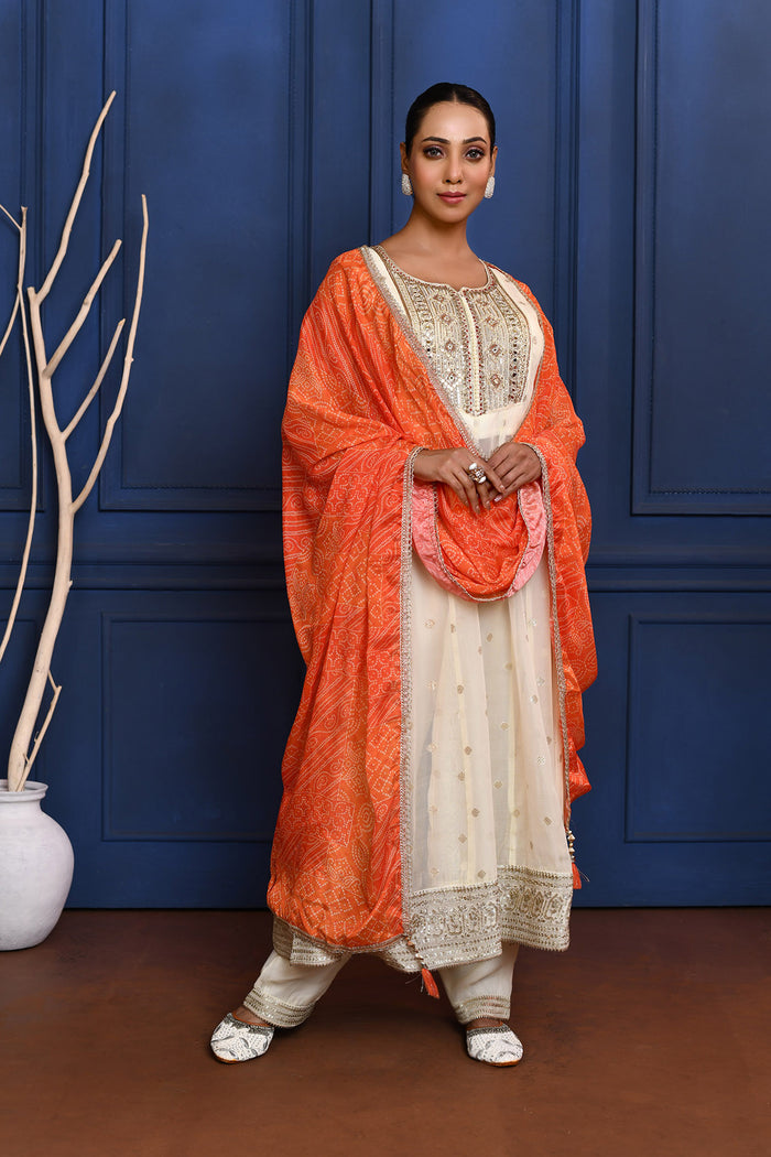Off-White Zari Buttis Tissue Georgette Anarkali Set