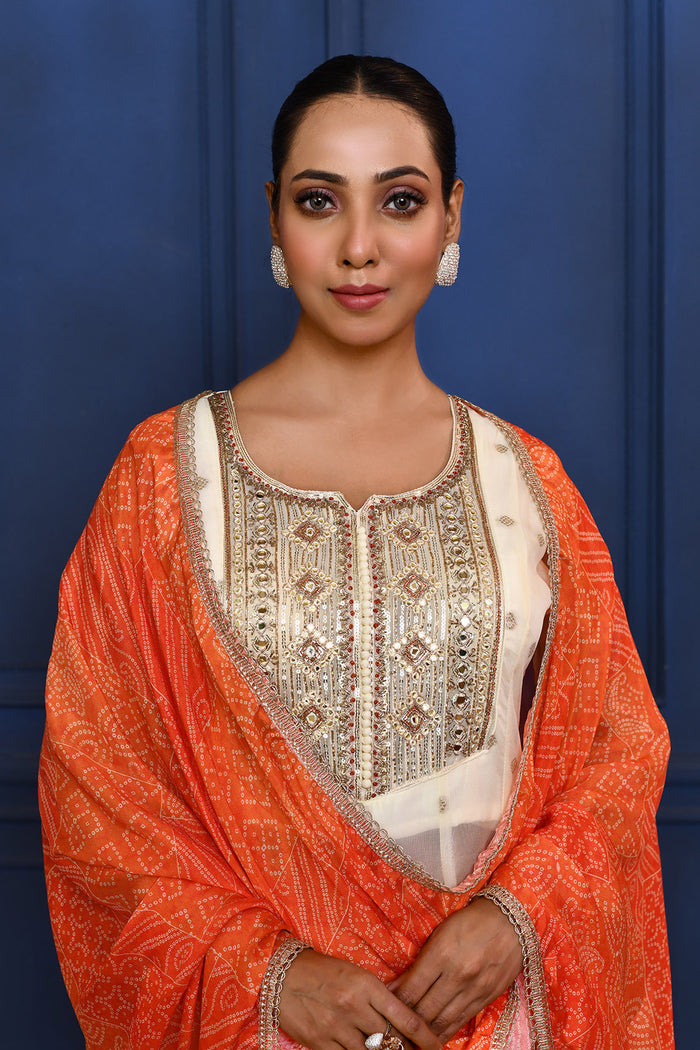 Off-White Zari Buttis Tissue Georgette Anarkali Set