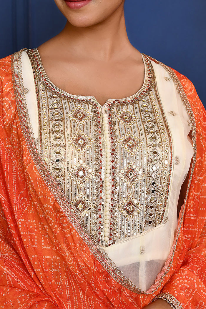 Off-White Zari Buttis Tissue Georgette Anarkali Set