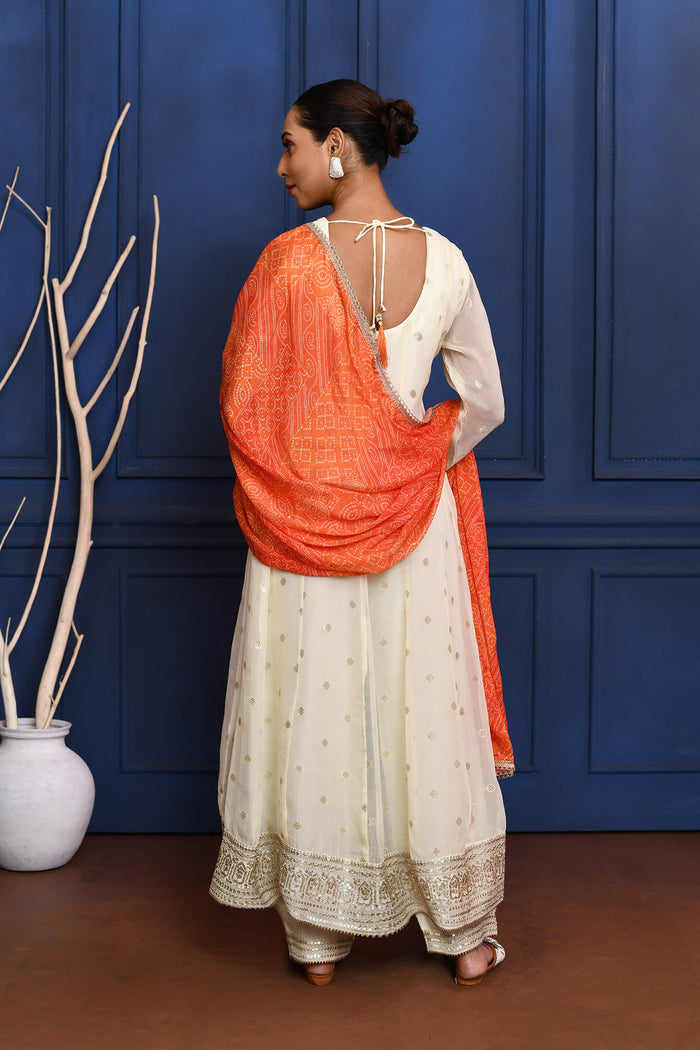 Off-White Zari Buttis Tissue Georgette Anarkali Set