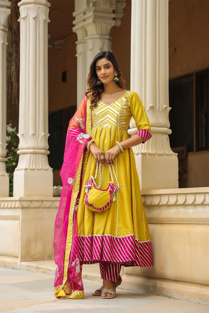 <img> Old Golden Yellow Cotton Silk Gotta Work Anarkali Set