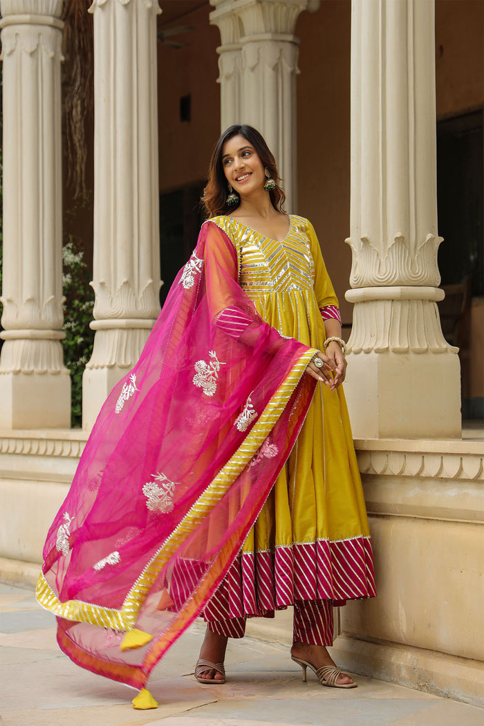 <img> Old Golden Yellow Cotton Silk Gotta Work Anarkali Set