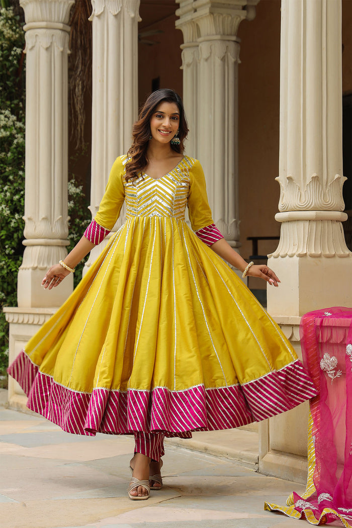 <img> Old Golden Yellow Cotton Silk Gotta Work Anarkali Set