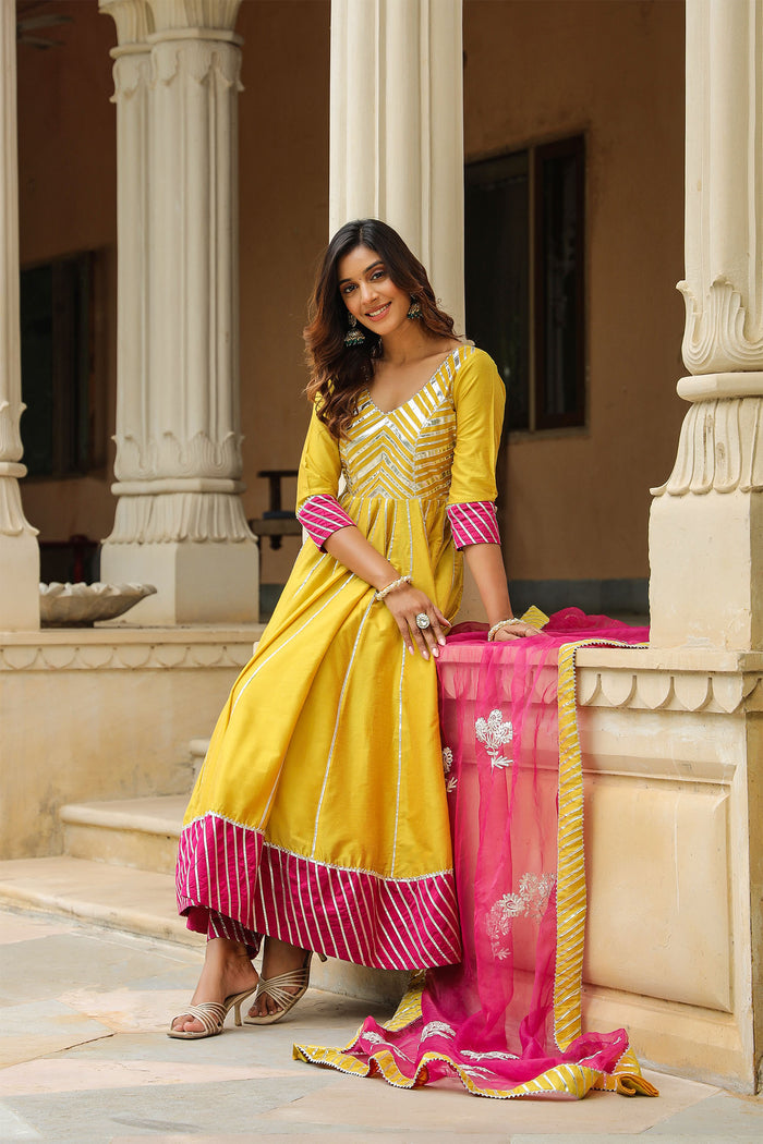 <img> Old Golden Yellow Cotton Silk Gotta Work Anarkali Set