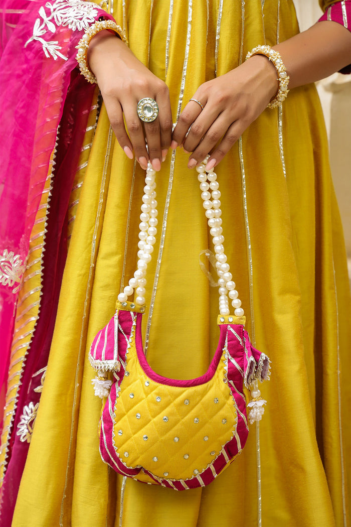 <img> Old Golden Yellow Cotton Silk Gotta Work Anarkali Set