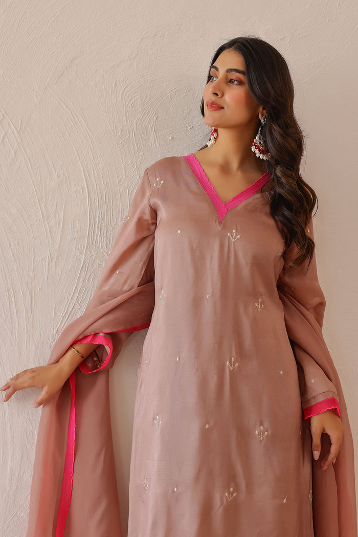 <img> Old Rose Pink Russian Silk Subtle Embroidered Kurti Set