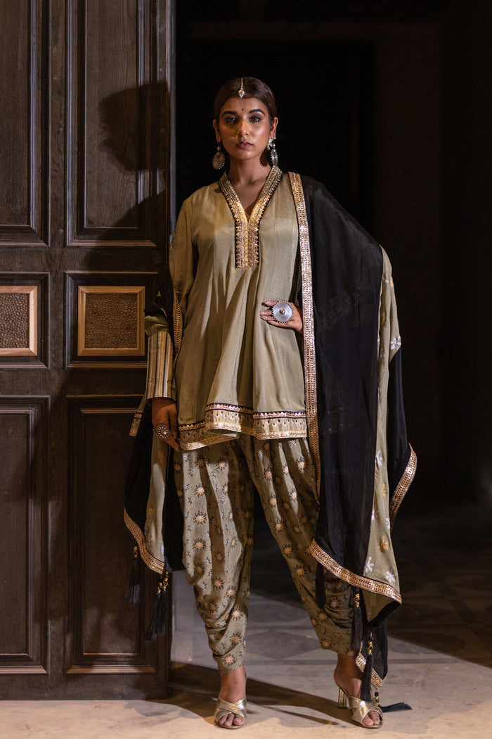 <img> Olive Chinon Dhoti Suit Set