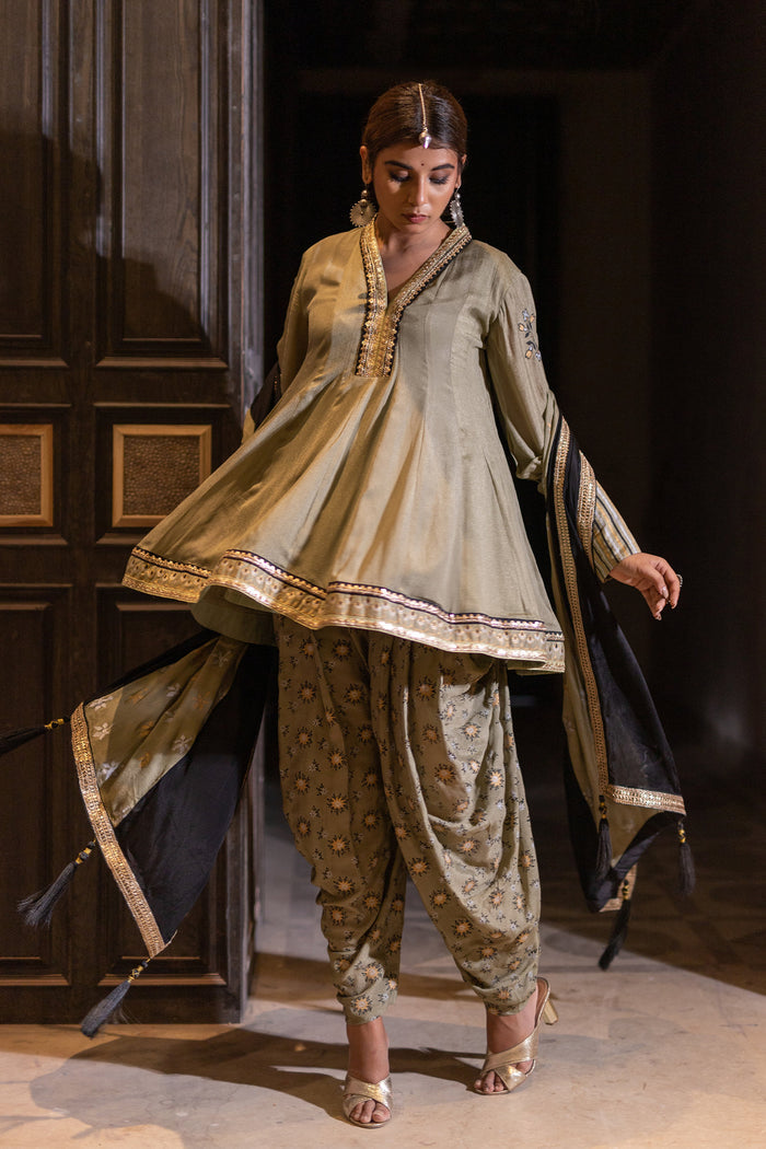 <img> Olive Chinon Dhoti Suit Set