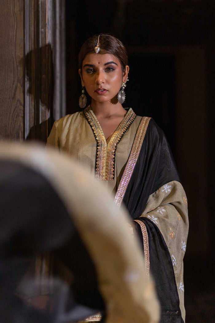 <img> Olive Chinon Dhoti Suit Set