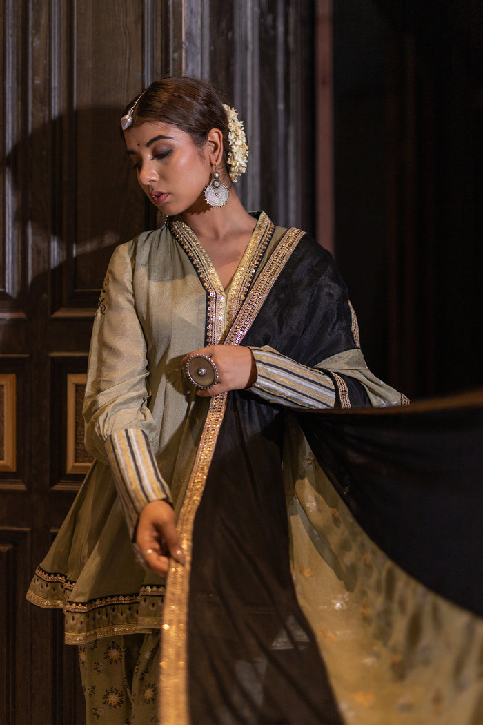 <img> Olive Chinon Dhoti Suit Set