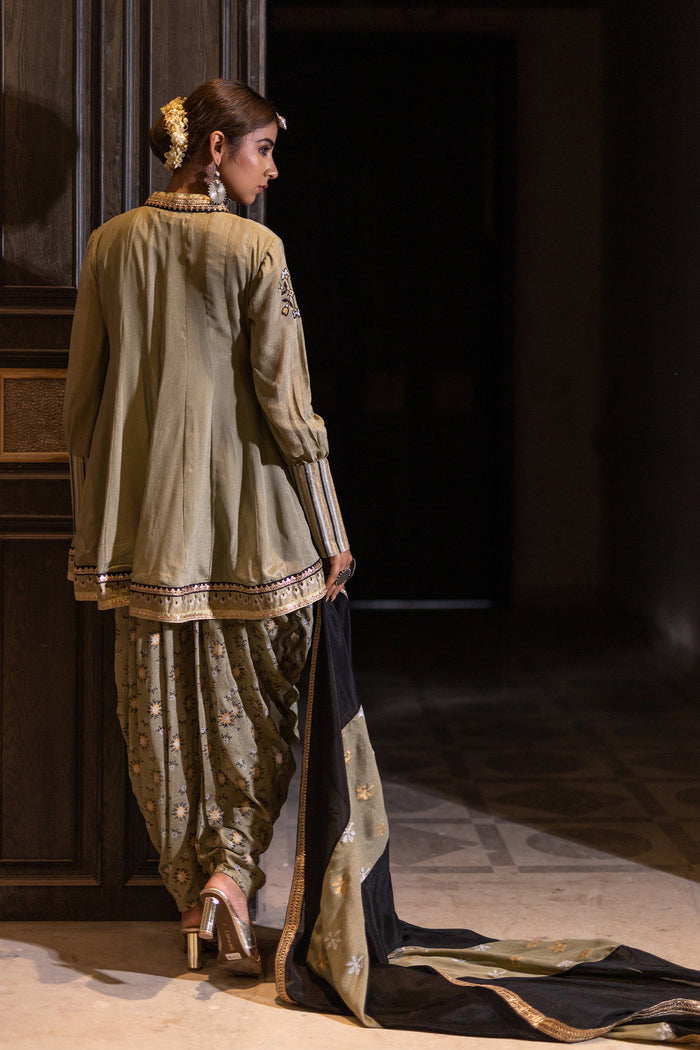 <img> Olive Chinon Dhoti Suit Set