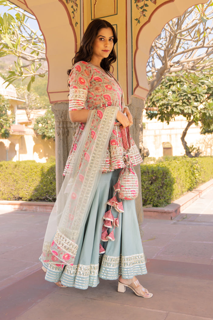 Olive Floral Printed Layered Cotton Indo Western Set