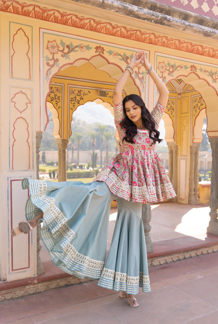 Olive Floral Printed Layered Cotton Indo Western Set