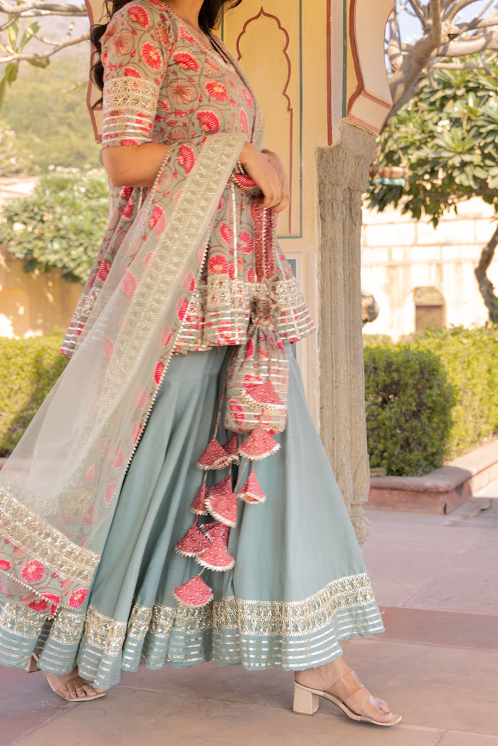 Olive Floral Printed Layered Cotton Indo Western Set
