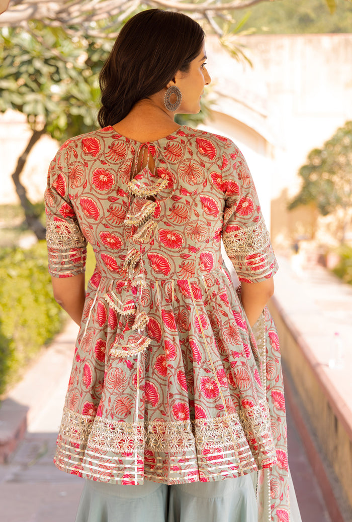 Olive Floral Printed Layered Cotton Indo Western Set
