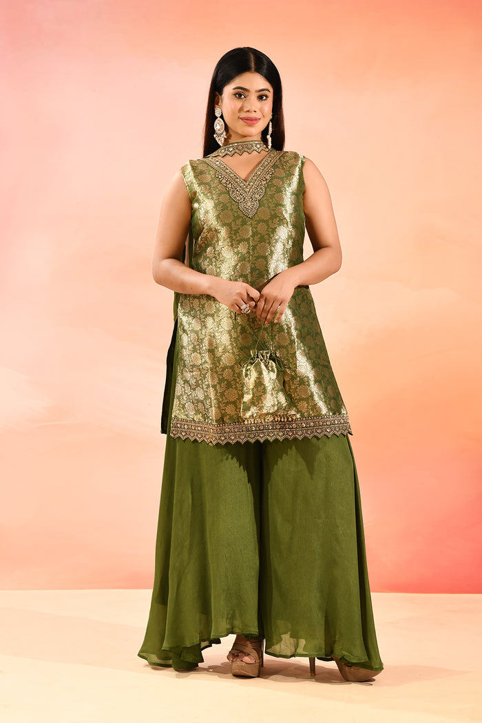 Olive Gold Brocade Tissue Straight Cut Palazzo Set